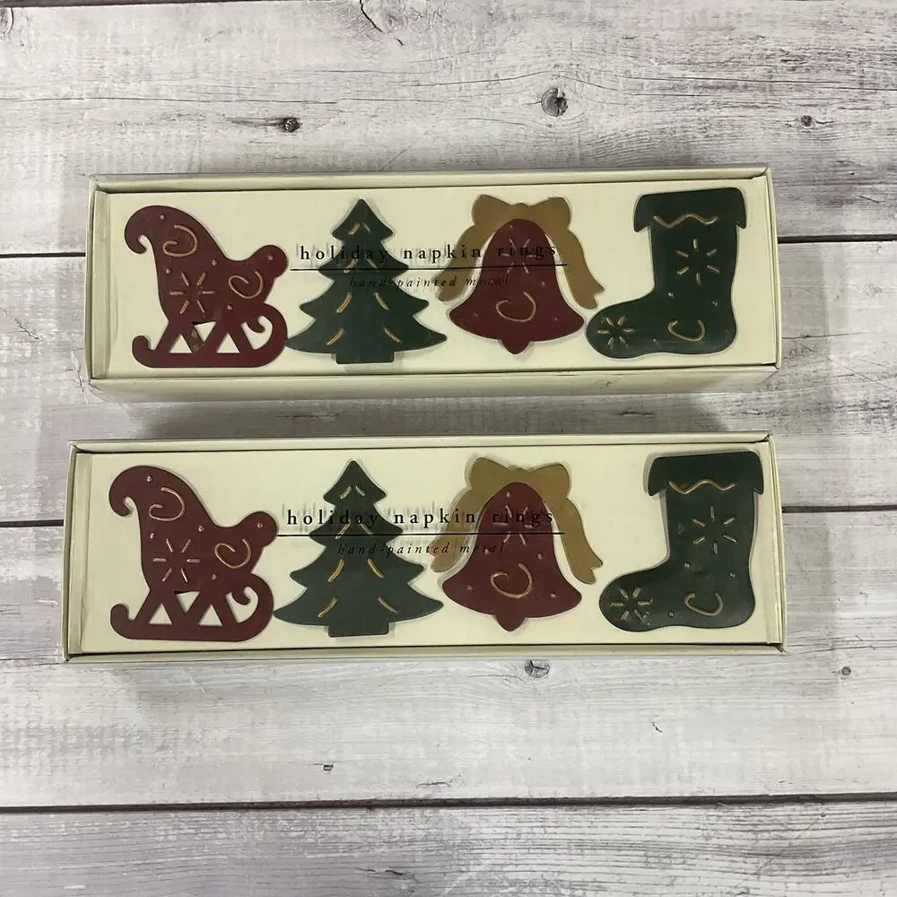 Pier One Holiday Napkin Rings 2 Sets Metal Christmas Stocking Sled‎ Bell Tree